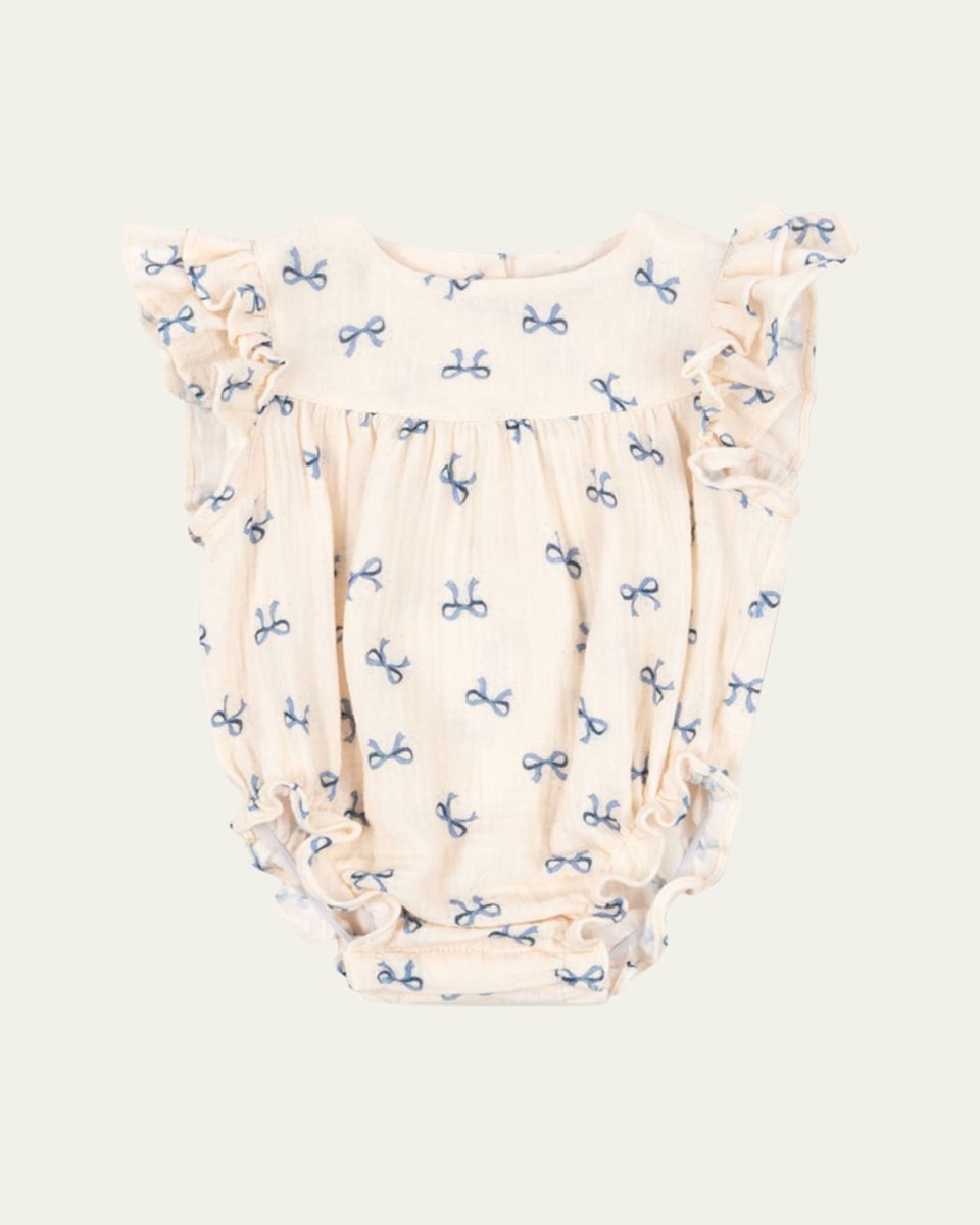 Girl's Coco Bow-Print Bubble Romper, Size 3M-18